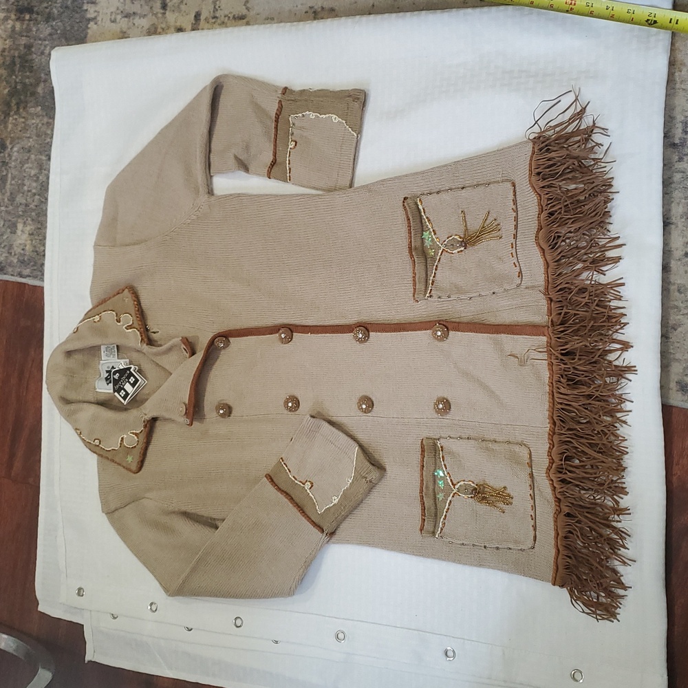 Vtg storybook  knits  Double-Breasted Jacket sweater with Fringe - Picture 9 of 16